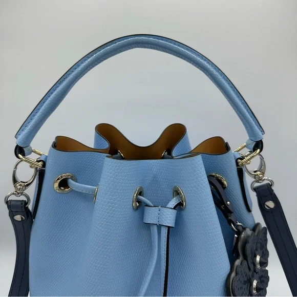 Henri Bendel Thompson Bucket Bag Periwinkle Blue Leather Shoulder Strap Charm